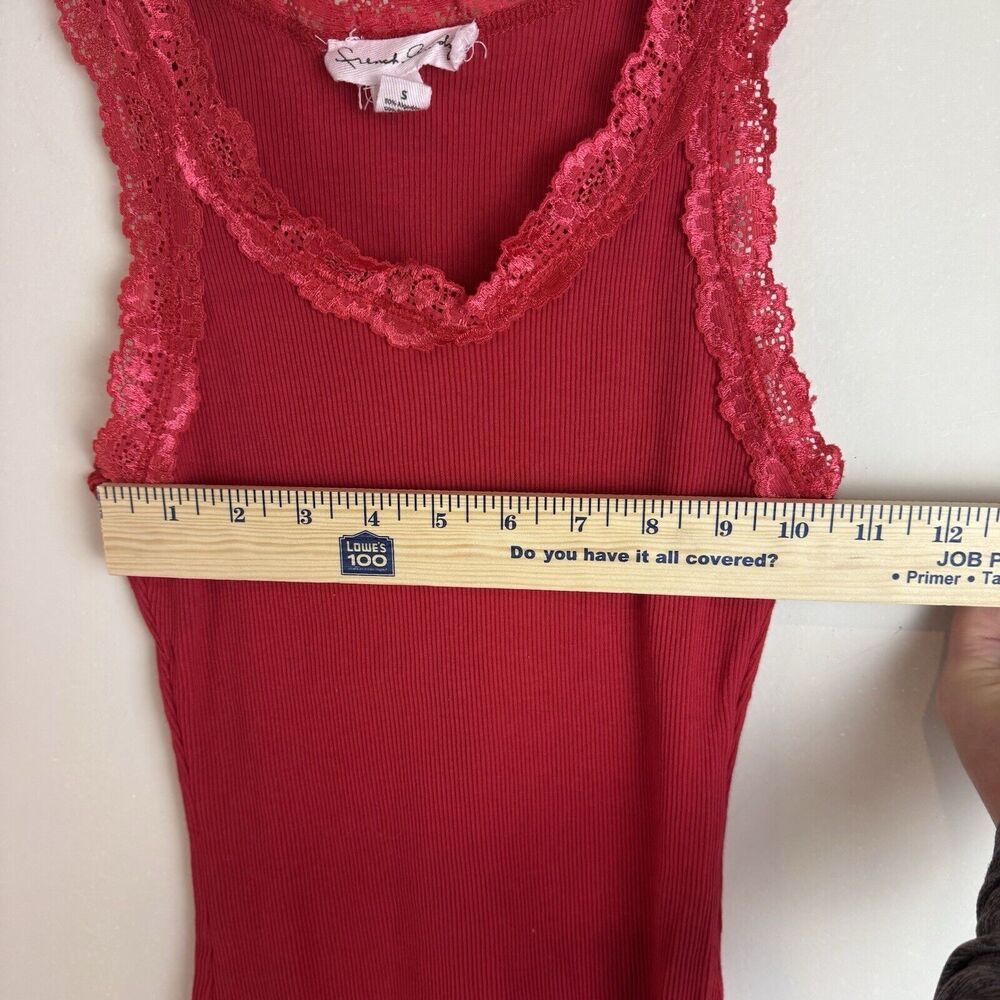 French Laundry Lace Trim Tank Top Size S Red Ribbed V Neck Fitted Y2K Lettuce Tr - Picture 4 of 8